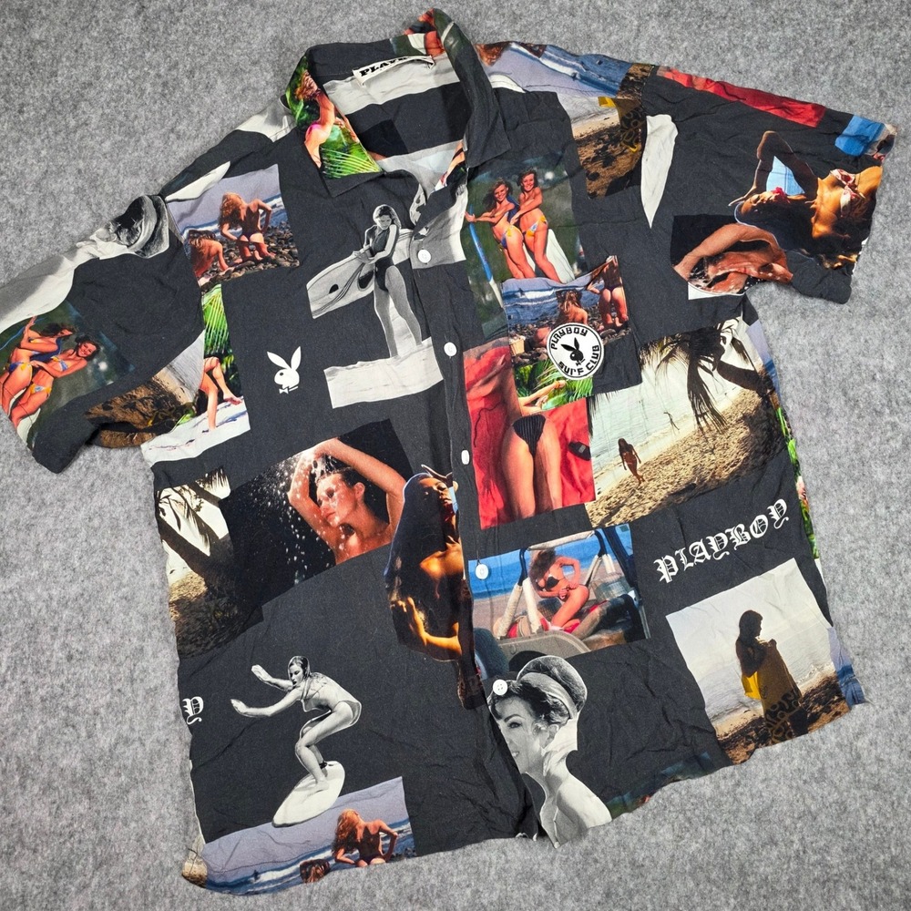 Playboy PacSun Surf Club Button Shirt Camp Black Photo Collage Graphic Large 90s